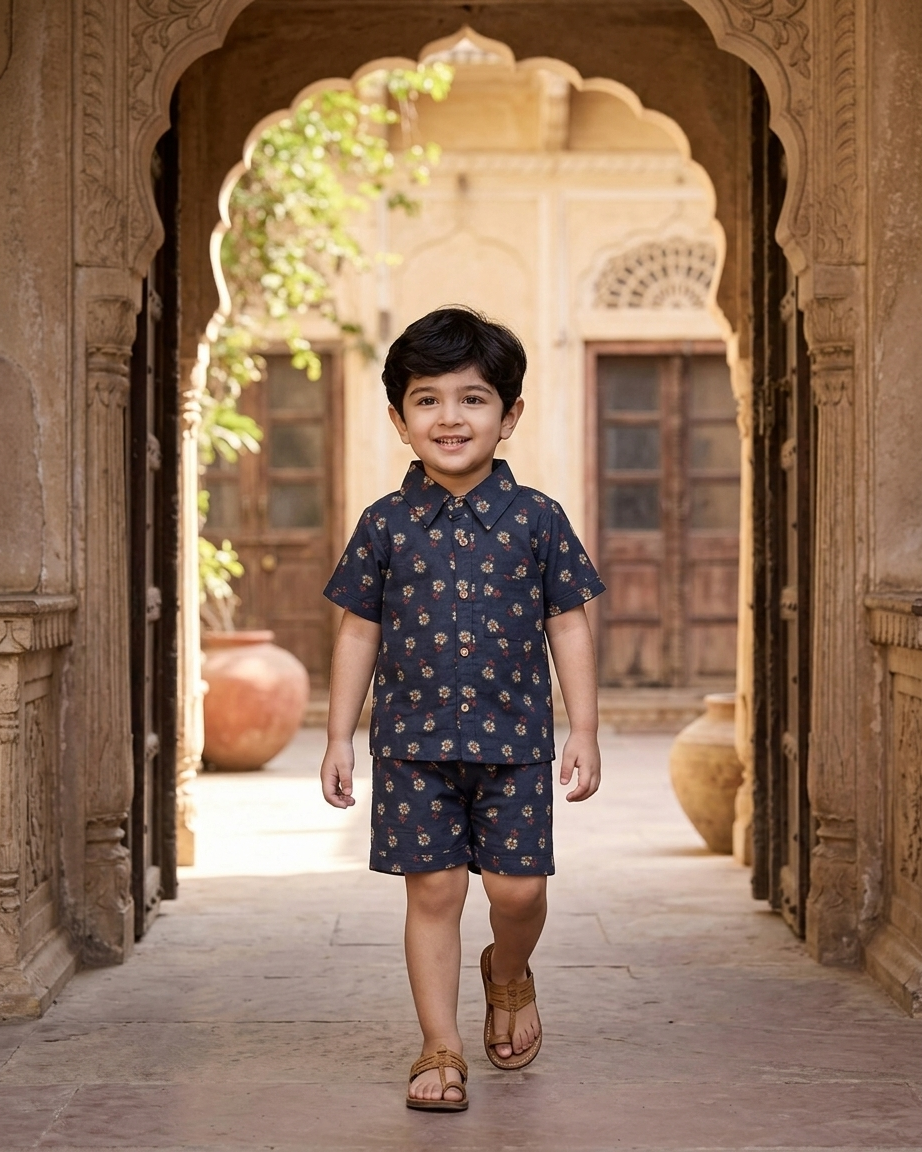 Midnight Floral Boota Boys' Cotton Co-ord Set: Shirt & Shorts