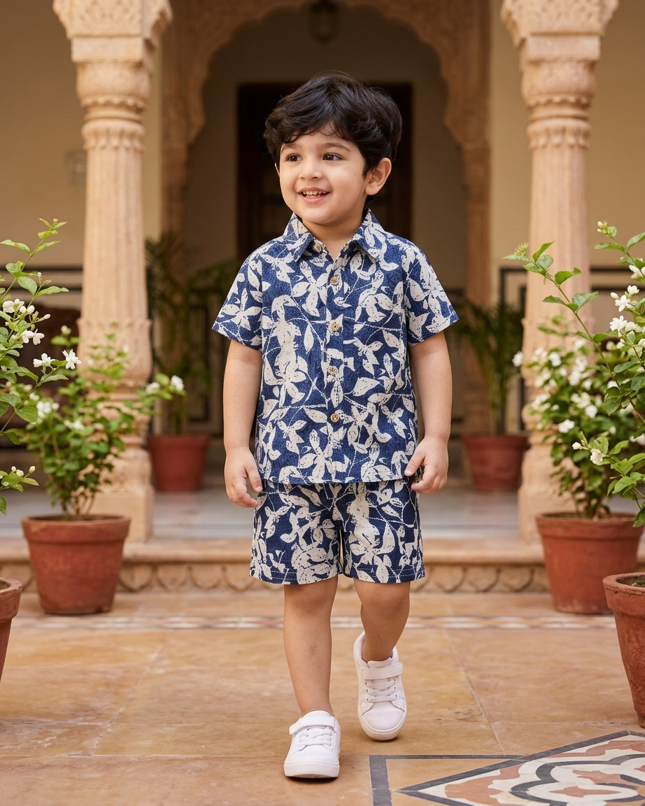 Indigo Leaf Print Boys' Cotton Co-ord Set: Shirt & Shorts