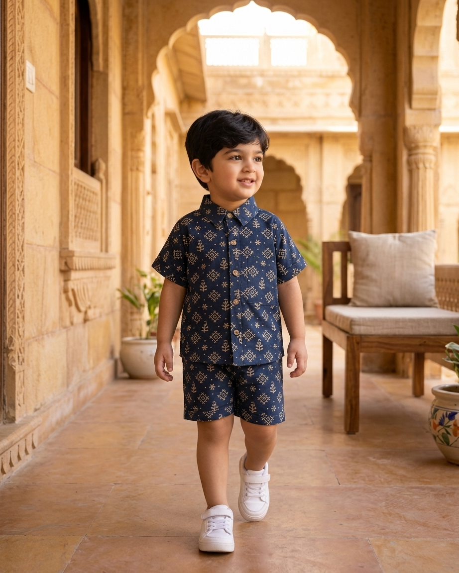 Midnight Geometric Boys' Cotton Co-ord Set: Shirt & Shorts