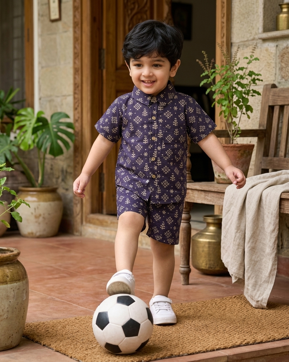 Midnight Geometric Block Print Boys' Cotton Co-ord Set: Shirt & Shorts